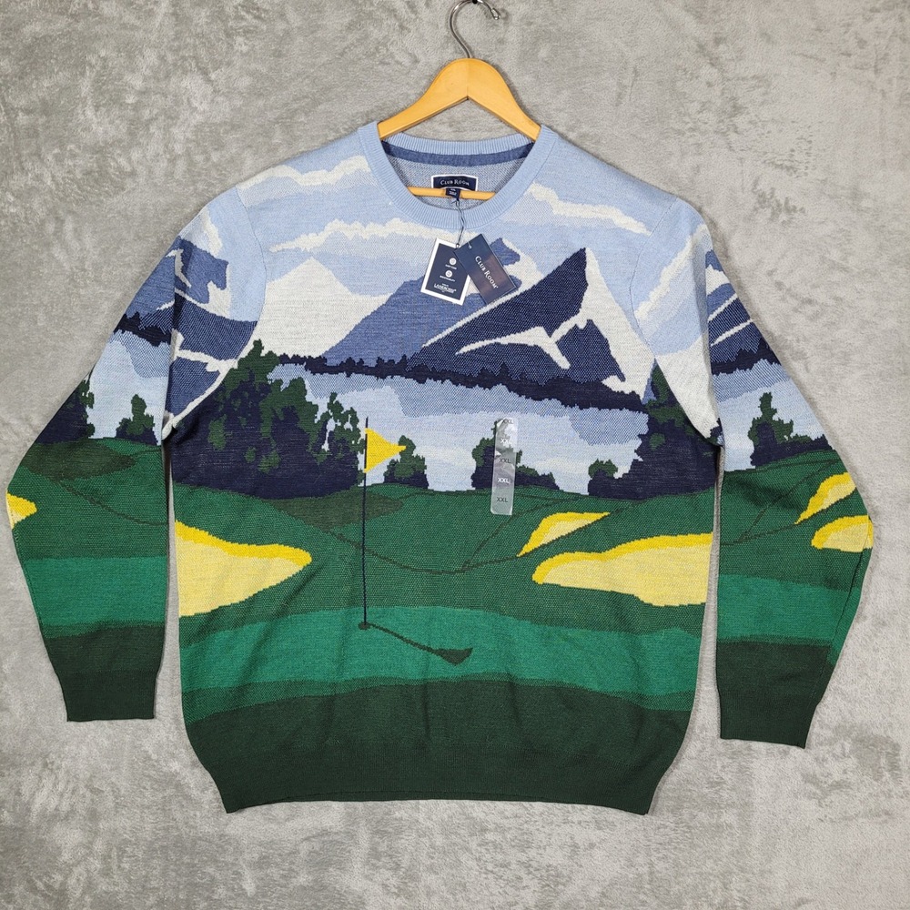 Club Room Sweater Mens XXL Golf Landscape AOP Merino Wool Blend Crew Neck NWT